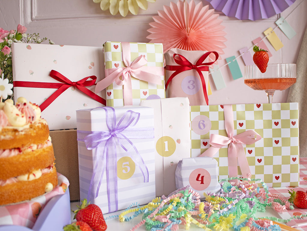 TreatBox Birthday advent calendar set up in birthday wrapping paper