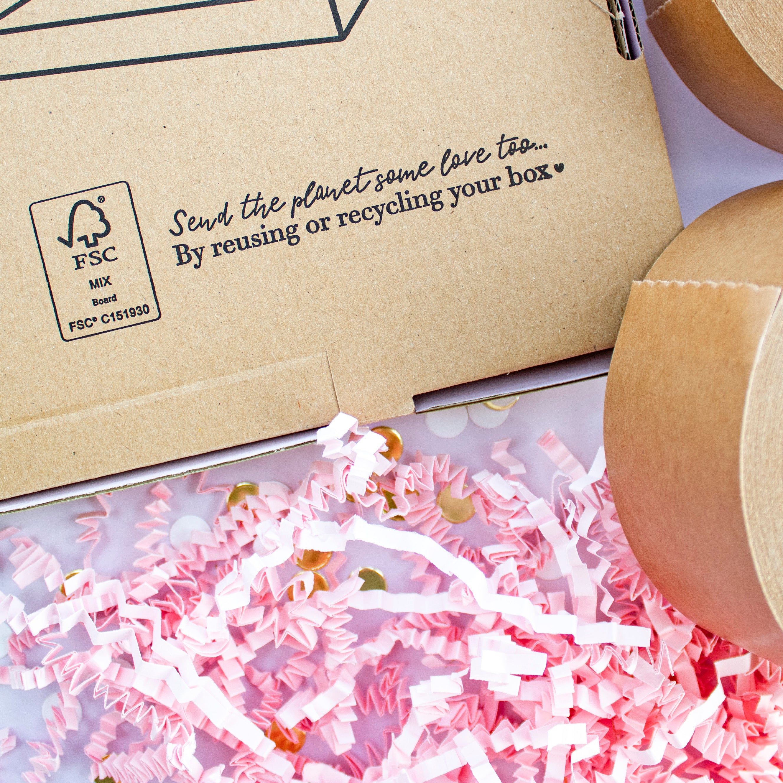 A TreatBox box showing the words "send the plant some love too...by reusing or recycling your box"