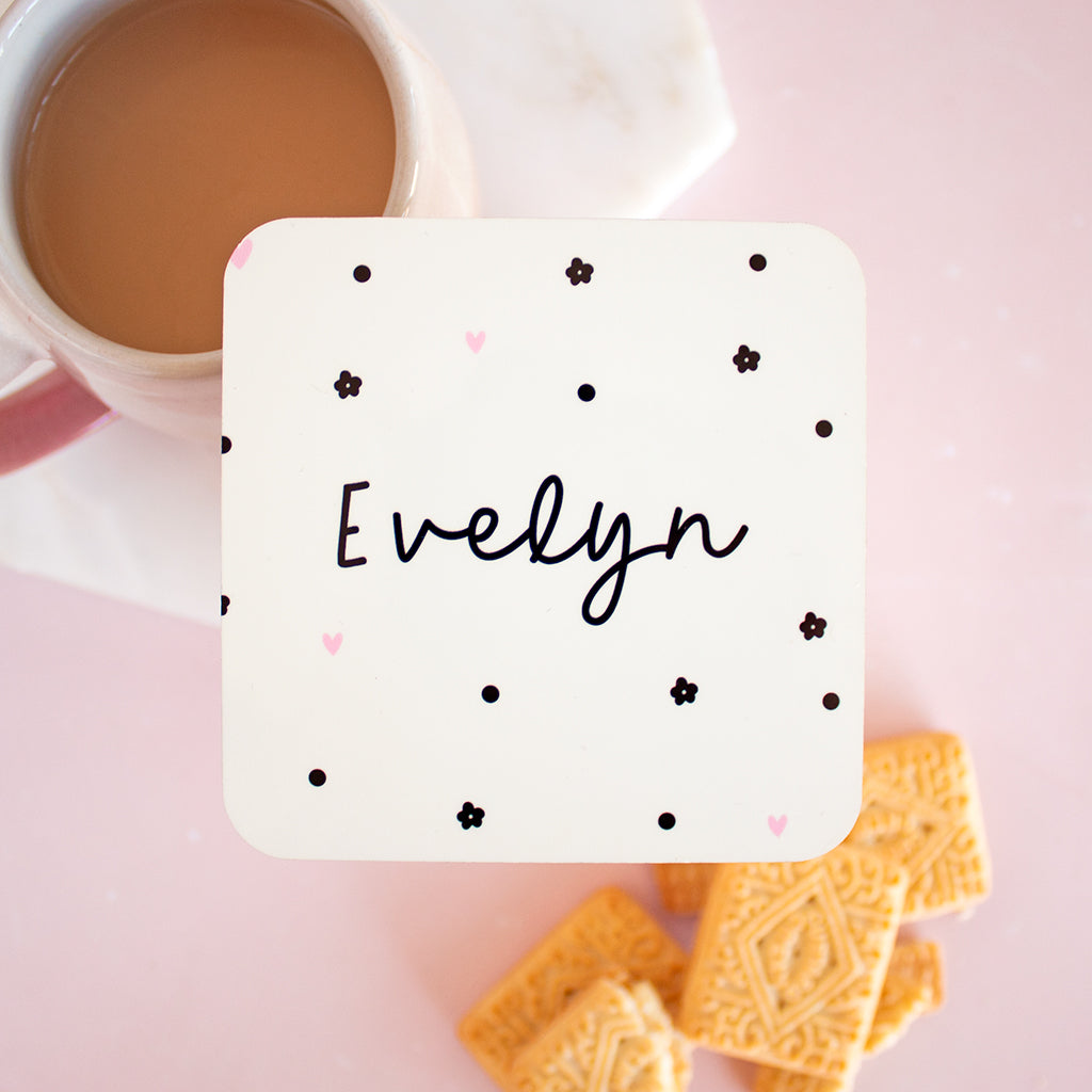 Personalised Name Coaster polka dots, hearts, flowers