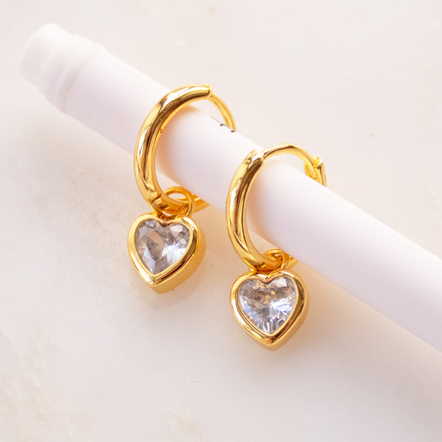 Gold Heart Gem Small Hoop Earrings