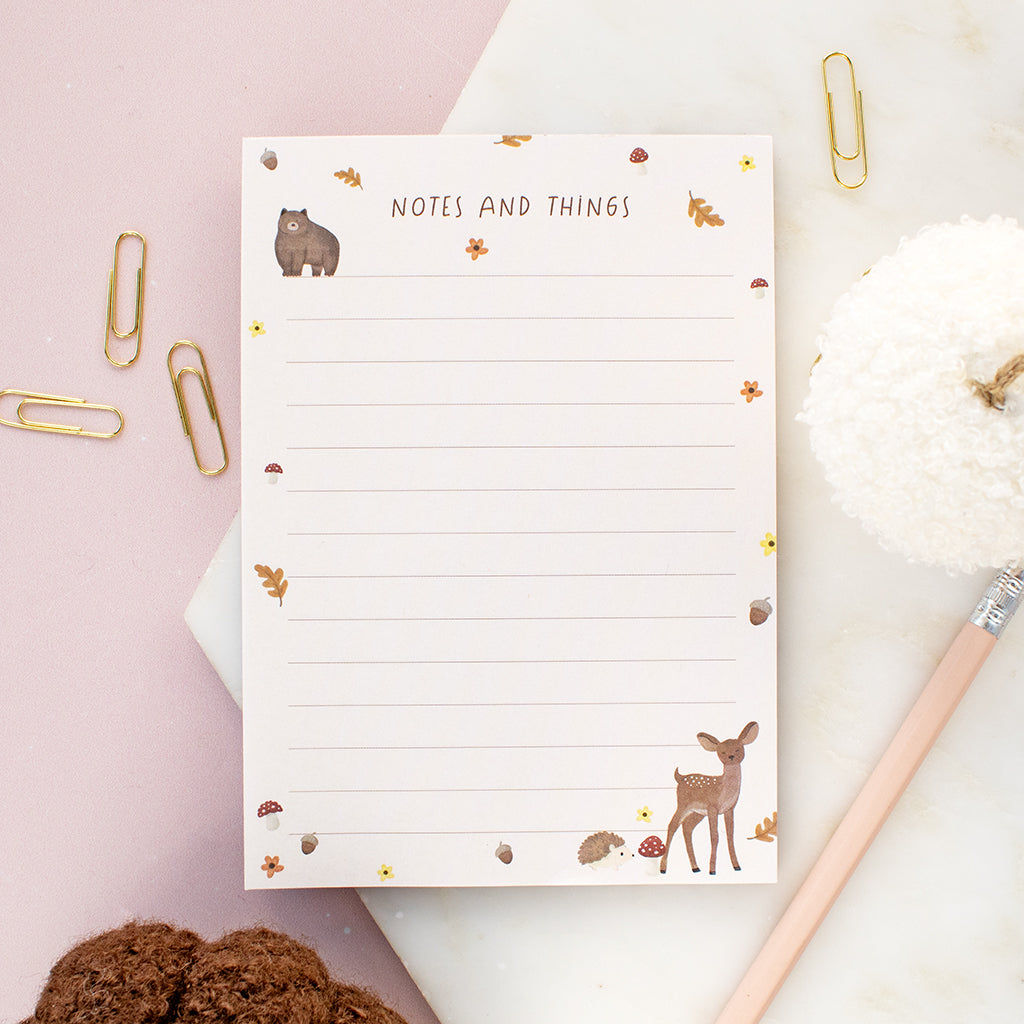 Notepad with woodland animal illustrations 'notes and things'