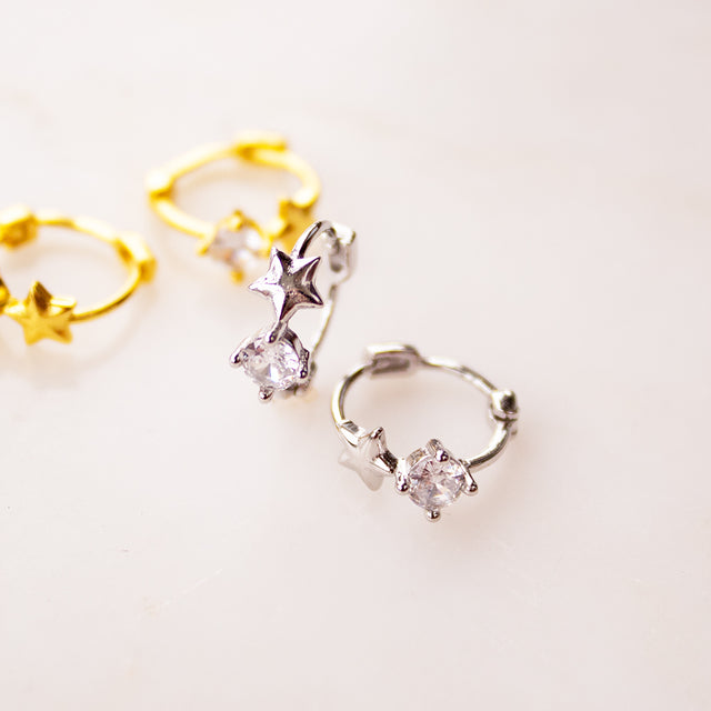 Gold Or Silver Star Gem Huggie Earrings