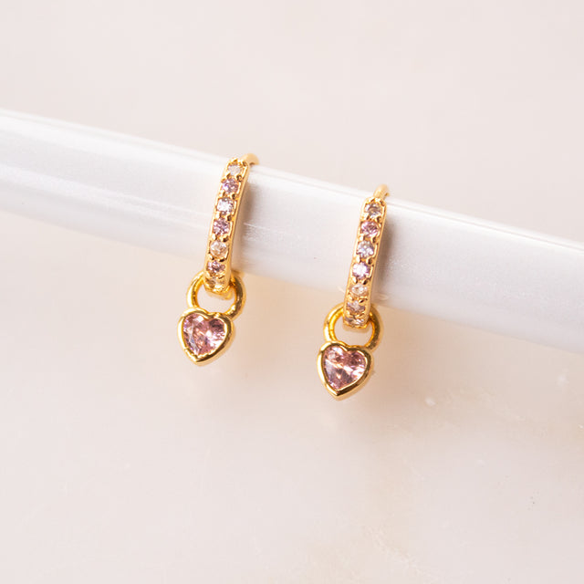 Pink Heart Gem Huggie Gold Earrings